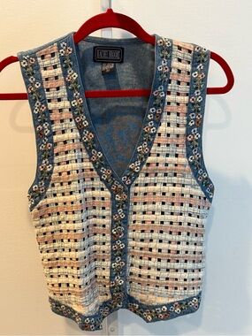 Vintage Rachel Brooke Denim-Trim Woven Vest Cream Denim Blue Size M Cottagecore